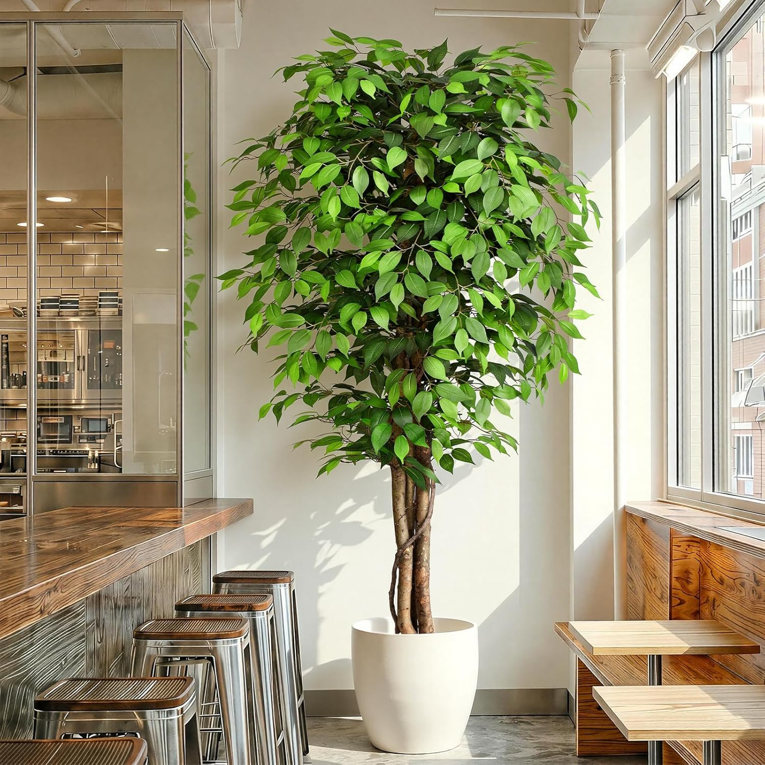 Monstera Adansonii - 本物そっくりの人工フィカスツリー、自然な幹と豊かな葉が特徴、モダンな家やオフィスのインテリアに最適