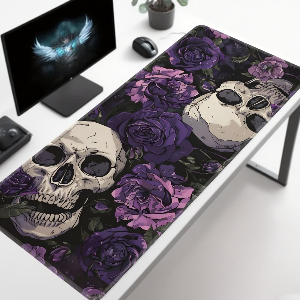 Tradescantia Purple - ゴシックスカルと紫の花のデザインマウスパッドデスクマットゲームマット滑り止めステッチエッジデスクアクセサリーコンピュータマウスパッド