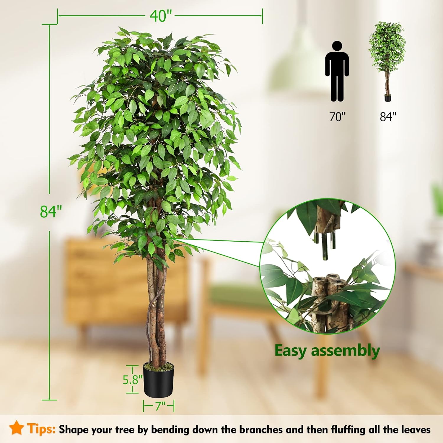 本物そっくりの人工フィカスツリー、自然な幹と豊かな葉が特徴、 - Monstera Adansonii のレビューと価格