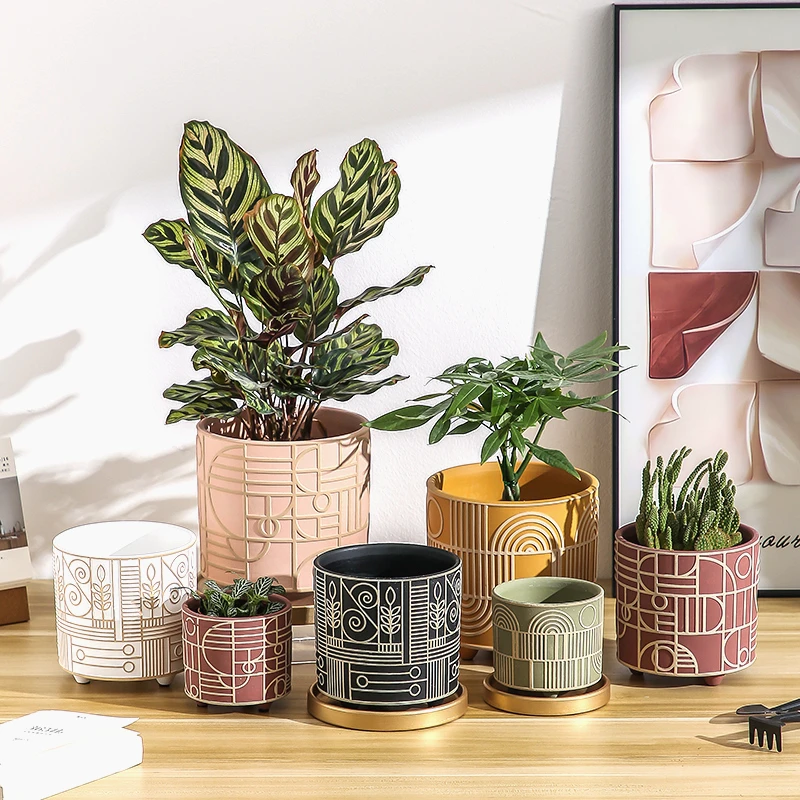 シンプルな円筒形のセラミック植木鉢,金色のトレイ,多肉植物, - Aloe Vera Pot のレビューと価格
