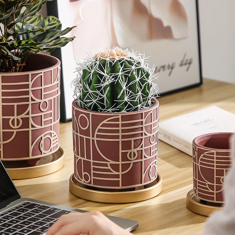 シンプルな円筒形のセラミック植木鉢,金色のトレイ,多肉植物, - Aloe Vera Pot のレビューと価格