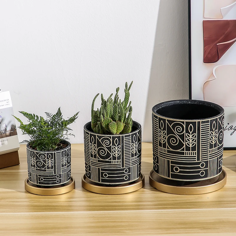 シンプルな円筒形のセラミック植木鉢,金色のトレイ,多肉植物, - Aloe Vera Pot のレビューと価格